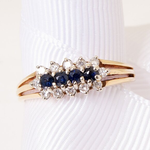 Vintage 14kt Yellow Gold Blue Sapphire Diamond Ring, Elegant Dinner Ring Sz 8 - Picture 1 of 9